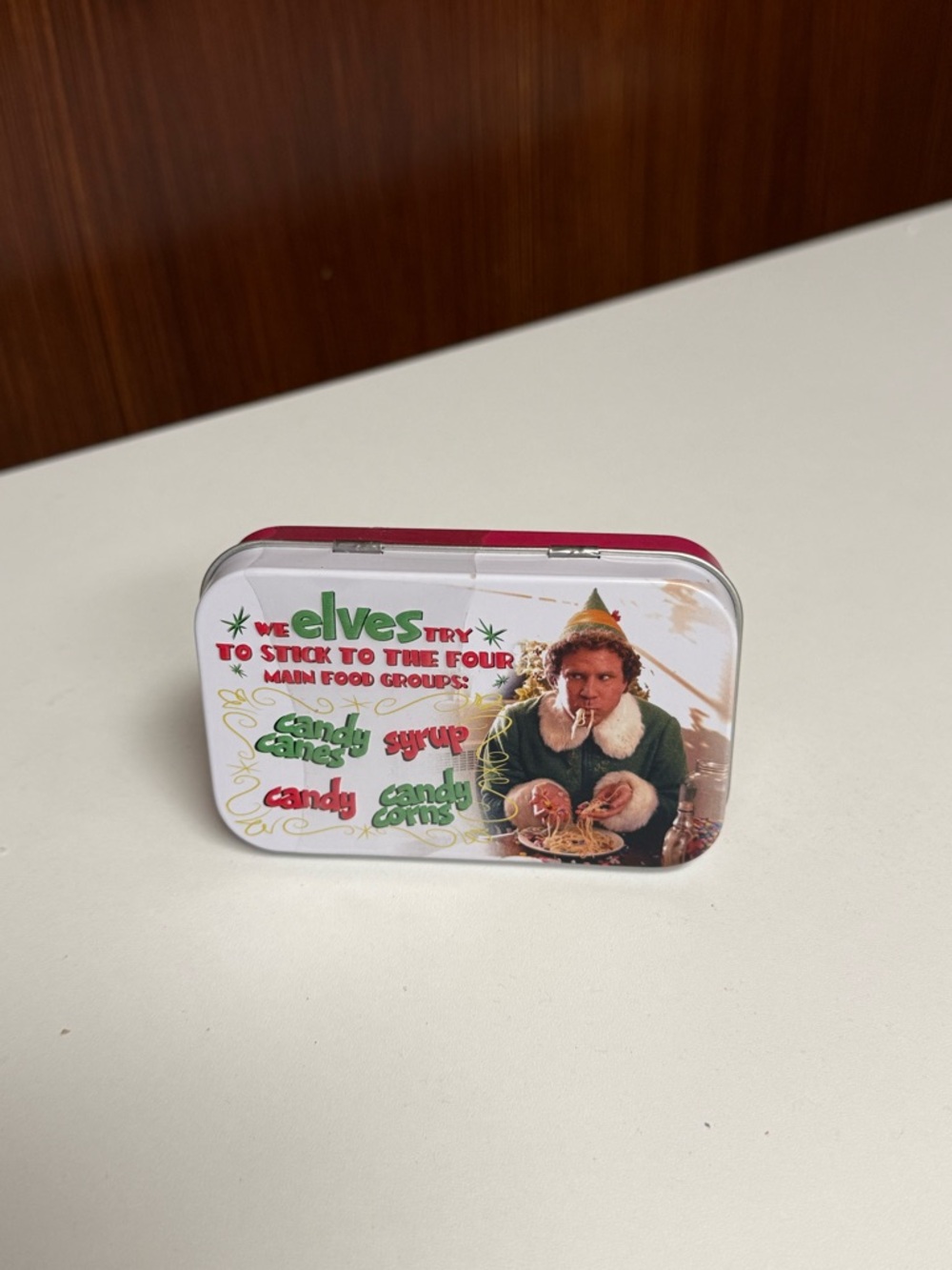 Buddy the Elf Candy Tin with Festive Lettering